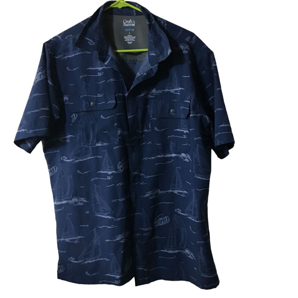 CROFT AND BARROW QUICK DRY SHIRT BLUE SAILBOATS BUTTON UP VENTED OUTDOOR MENS LA